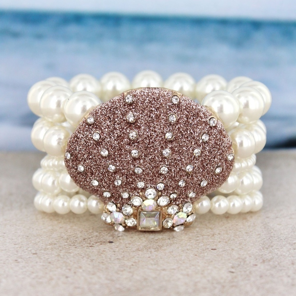 Seashell Ocean Glitter Pearl Multi Strand Bracelet